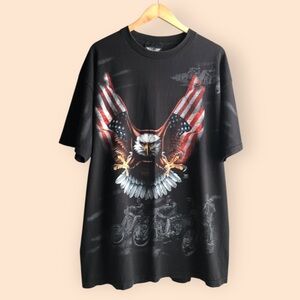 Vintage 2002 American Biker Black Graphic T-shirt Motorcycle Eagle Flag MENS XL